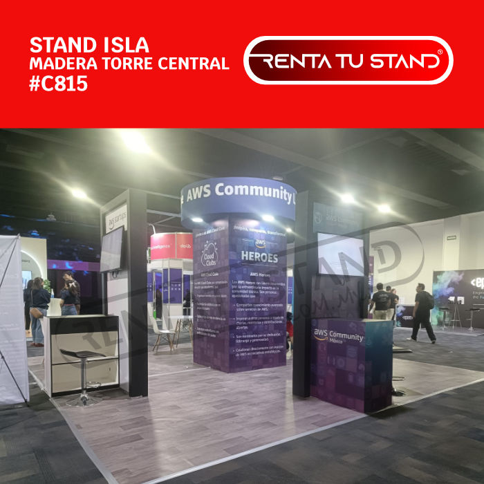 Stand isla con torre central C815 y modulos de atención.